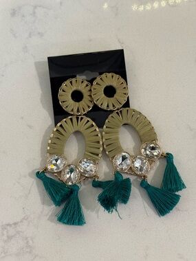 Lilly Pulitzer Gold-Tone Fan Earrings with Teal Tassels and Crystal Drops